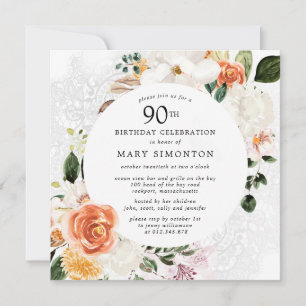 Invitation Dentelle florale blanche orange brûlée 90e anniver