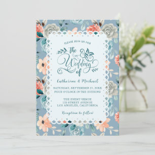 Invitation Dentelle florale bleu foncé Calligraphie décorat