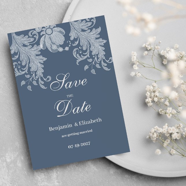 Invitation Dentelle florale bleu mauve simple Enregistrer la  (Simple mauve blue white floral lace Save the Date)