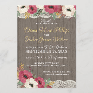 Invitation Dentelle Florale Bourgogne Rustique BBQ Réception 