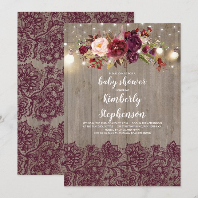 Invitation Dentelle florale de Bourgogne Baby shower rustique (Devant / Derrière)