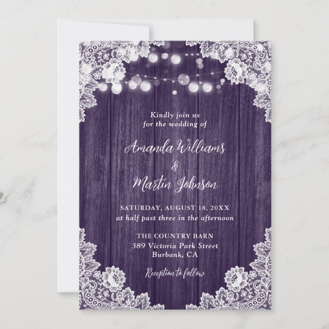 Invitation Dentelle florale en bois violet Mariage rustique r (Devant)