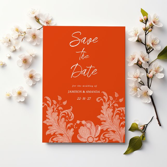 Invitation Dentelle florale orange cannelle Enregistrer la da (Cinnamon orange white floral lace Save The Date)