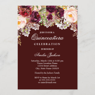 Invitation Dentelle florale rustique Bourgogne Quinceanera