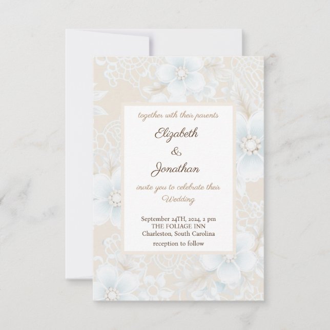 Invitation Dentelle florale rustique Mariage bleu neutre (Devant)