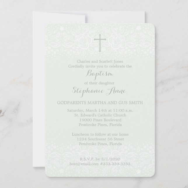 Invitation Dentelle florale sensible opale bleue de baptême (Devant)