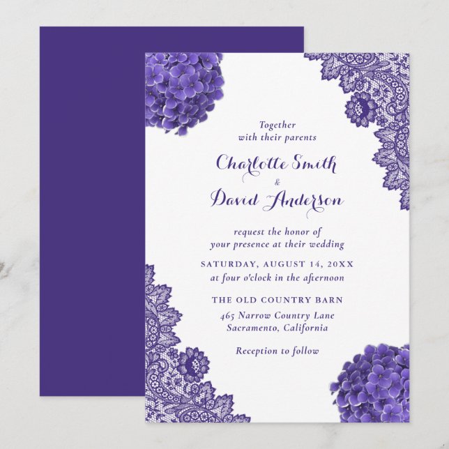 Invitation Dentelle florale violet rustique (Devant / Derrière)