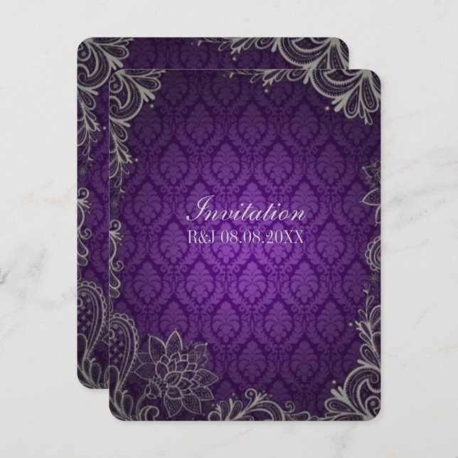 Invitation Dentelle gothique Damas mariage royal violet (Devant / Derrière)