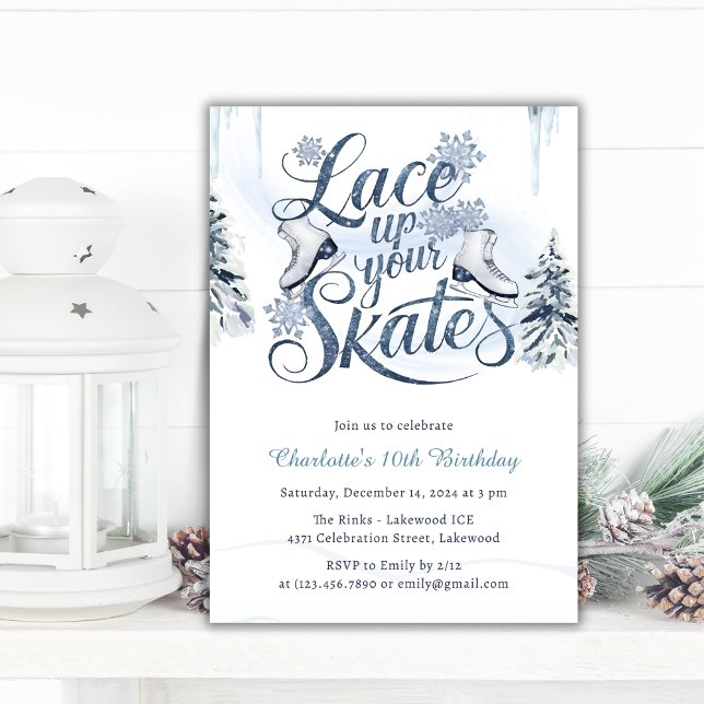 Invitation Dentelle Haut Vos Patins Patinage hivernal Patinag (Lace Up Your Skates Winter Ice Skating Birthday Invitation)