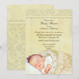 Invitation Dentelle jaune doucement en pastel vintage de bébé