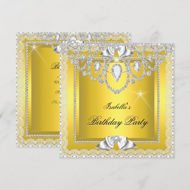 Invitation Dentelle Jaune Elégant Diamants Argent Anniversair (Devant / Derrière)