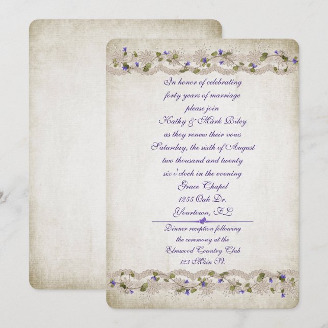 Invitation Dentelle mariage et frontière de lierre (Devant / Derrière)