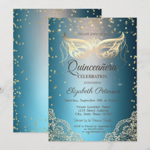 Invitation Dentelle Masqu doré, Diamants Quinceañera