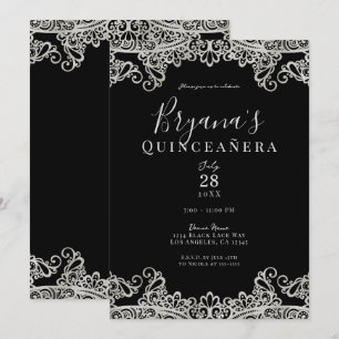 Invitation Dentelle noire et argent Elegant Quinceañera Party
