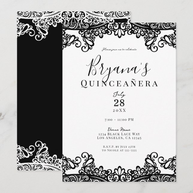 Invitation Dentelle noire et blanche Elégante Quinceañera Par (Devant / Derrière)