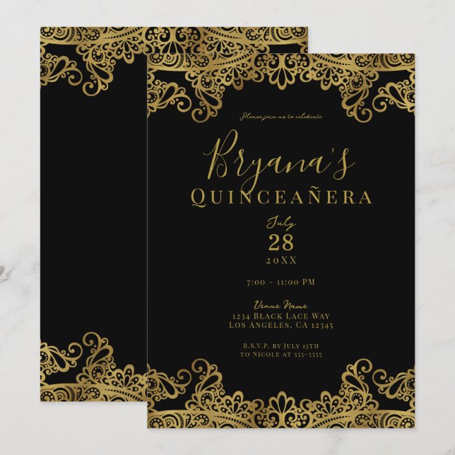 Invitation Dentelle noire et or Elégante Quinceañera Party (Devant / Derrière)