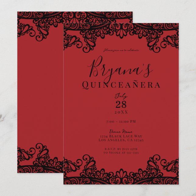 Invitation Dentelle noire et rouge foncé Elegant Quinceañera (Devant / Derrière)
