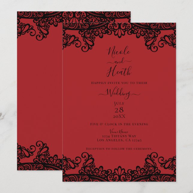 Invitation Dentelle noire et rouge foncé Mariage élégant (Devant / Derrière)