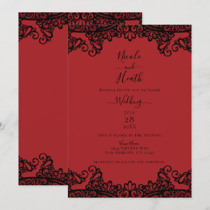 Invitation Dentelle noire et rouge foncé Mariage élégant