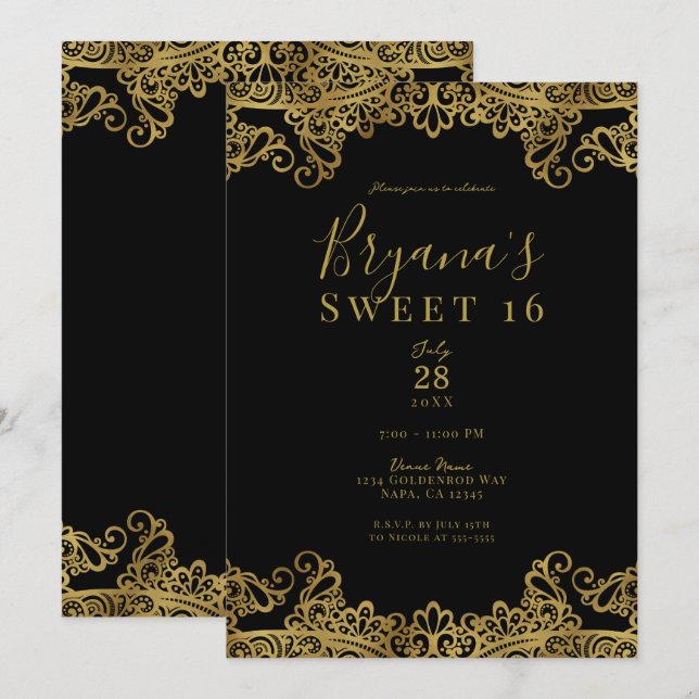 Invitation Dentelle noire & or élégante Sweet 16 Party (Devant / Derrière)