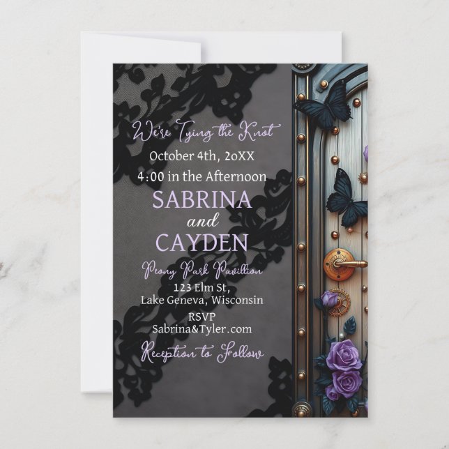 Invitation Dentelle noire, papillons et Mariage Rose pourpre (Devant)