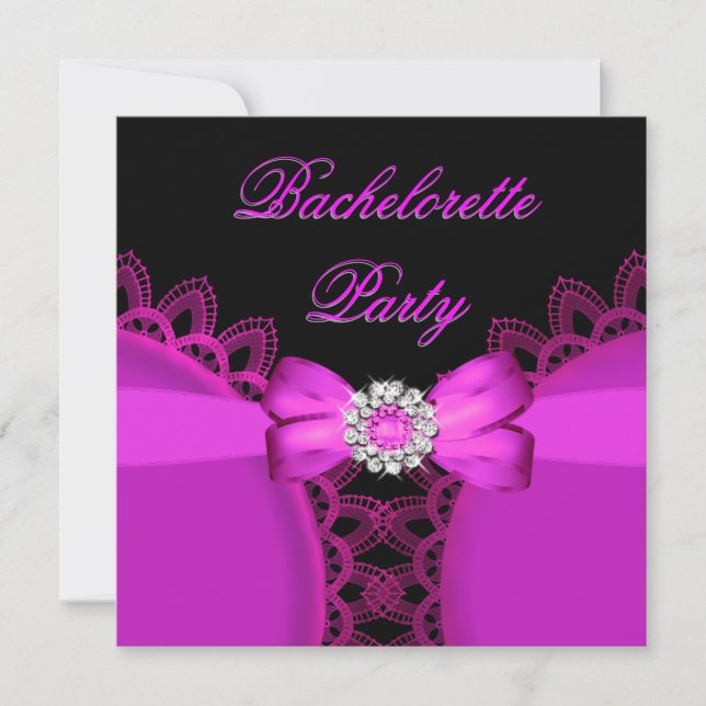 Invitation Dentelle noire rose chaude de la fête de Bacheloré (Devant)