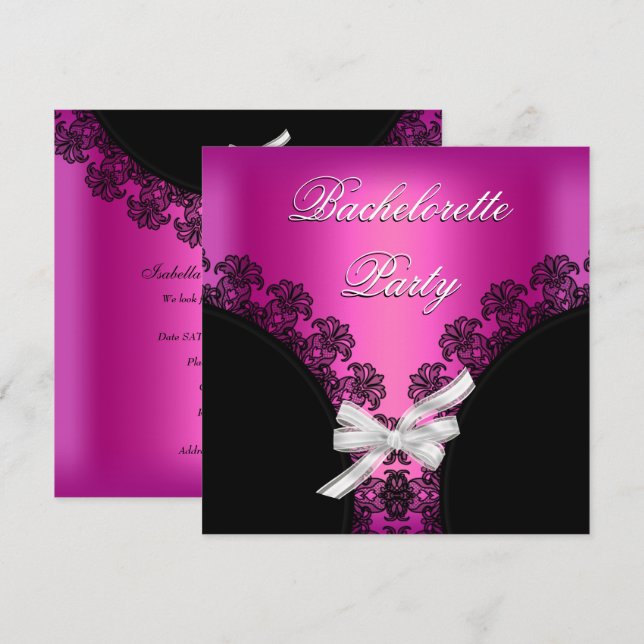 Invitation Dentelle noire rose chaude de la fête de Bachelort (Devant / Derrière)