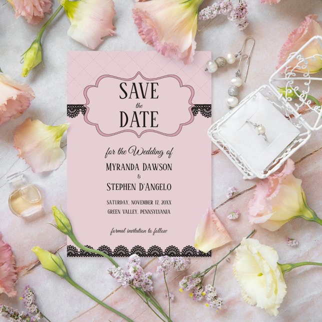 Invitation Dentelle noire sur le rose doux Personnalisé Enreg (Créateur téléchargé)