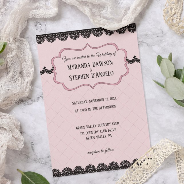 Invitation Dentelle noire sur Soft Pink Mariage personnalisé (Créateur téléchargé)