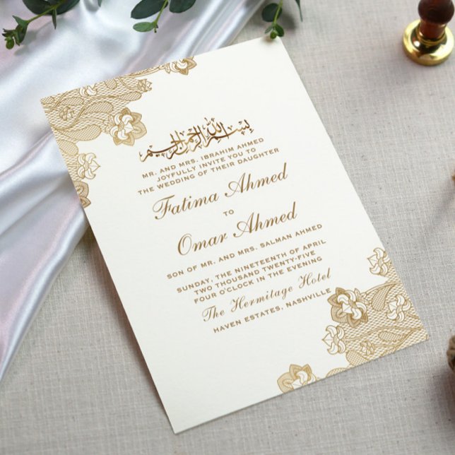 Invitation Dentelle or Foil Ornat Blanc musulman musulman Mar (Créateur téléchargé)