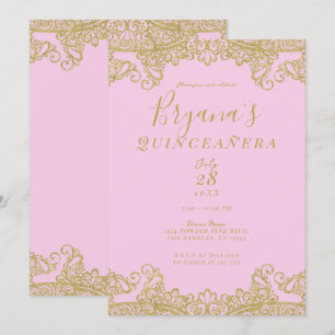 Invitation Dentelle Pailletée Rose & Or Élégante Quinceañera