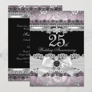 Invitation Dentelle & Pearl Bow argent rose 25e anniversaire