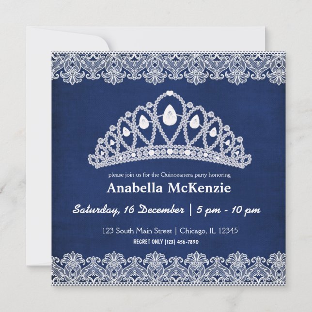 Invitation Dentelle Quinceanera (Bleu) (Devant)