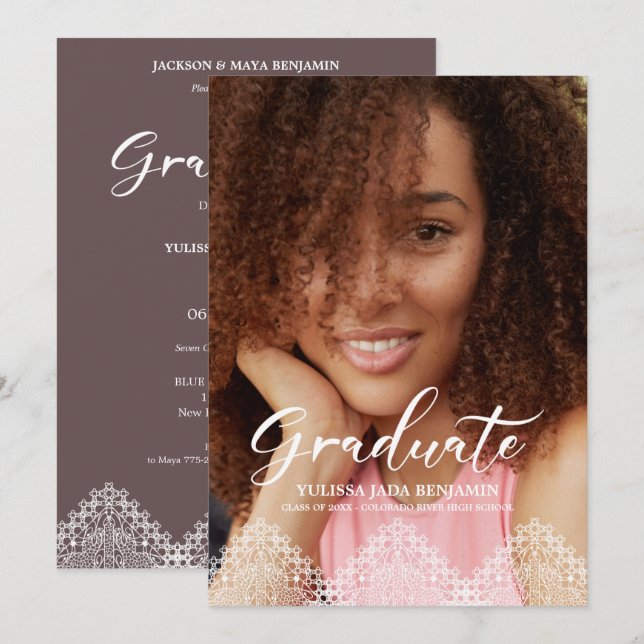 Invitation Dentelle romantique de la fête de la graduation en (Devant / Derrière)