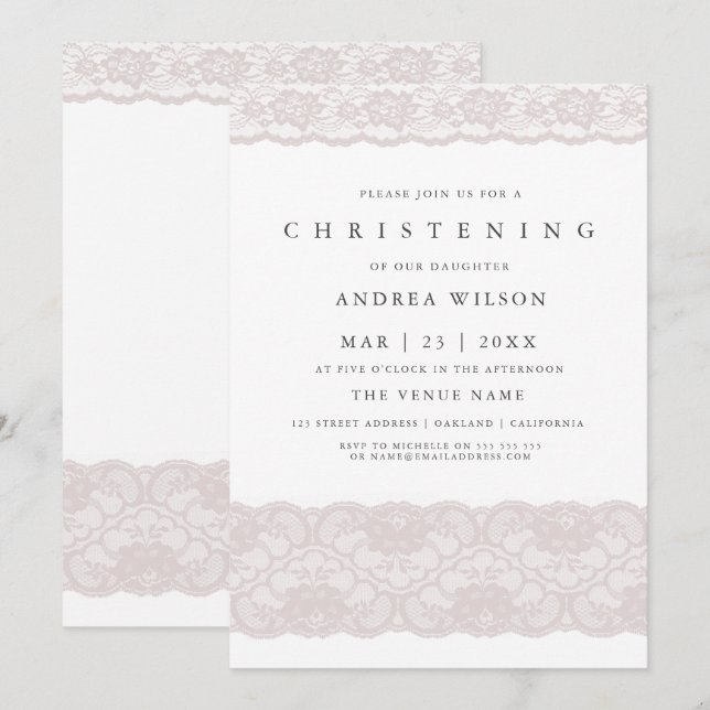 Invitation Dentelle rose Élégant bébé fille Christening Invit (Devant / Derrière)
