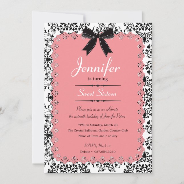 Invitation Dentelle rose et Damas noir et blanc doux 16 5x7 (Devant)