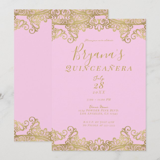 Invitation Dentelle rose et or brillant Elegant Quinceañera (Devant / Derrière)