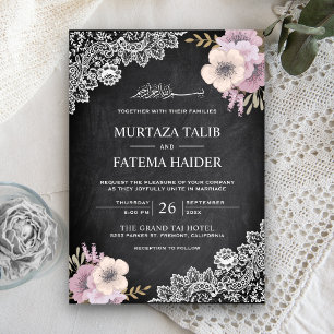 Invitation Dentelle rose florale Mariage islamique