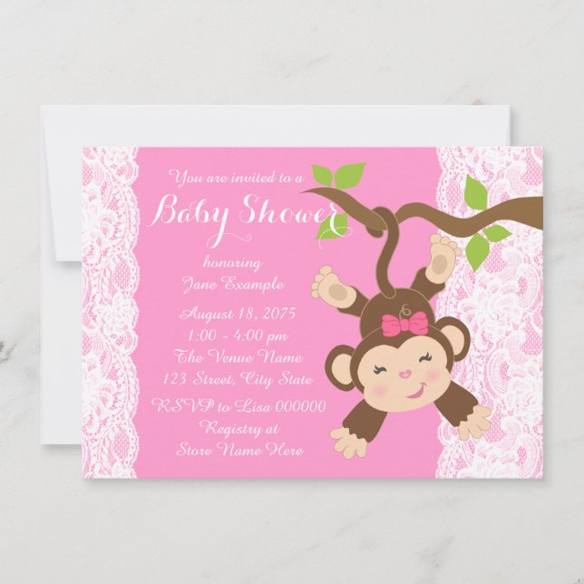 Invitation Dentelle rose singe bébé fille douche (Devant)