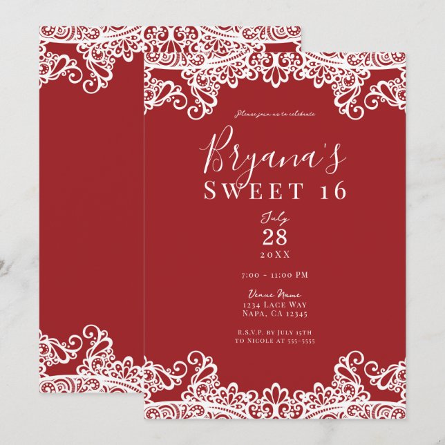 Invitation Dentelle rouge & blanc Masquerade Sweet 16 Party (Devant / Derrière)