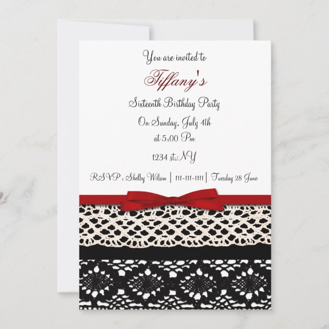 Invitation dentelle rouge damask Sweet sixteen party Invitati (Devant)