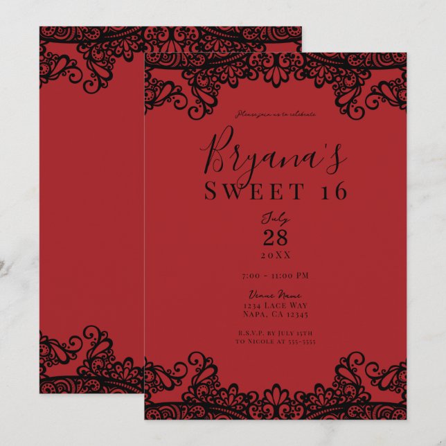 Invitation Dentelle rouge foncé et noire Masquerade Sweet 16 (Devant / Derrière)