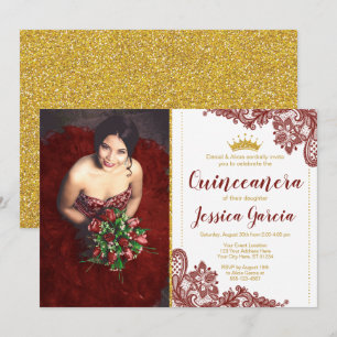 Invitation Dentelle rouge foncée et Parties scintillant d'or 