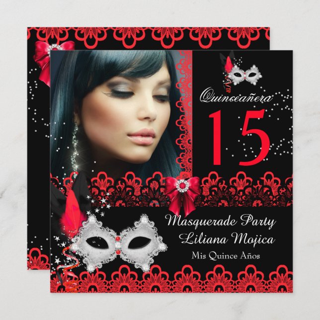 Invitation Dentelle rouge Masquerade Quinceanera (Devant / Derrière)