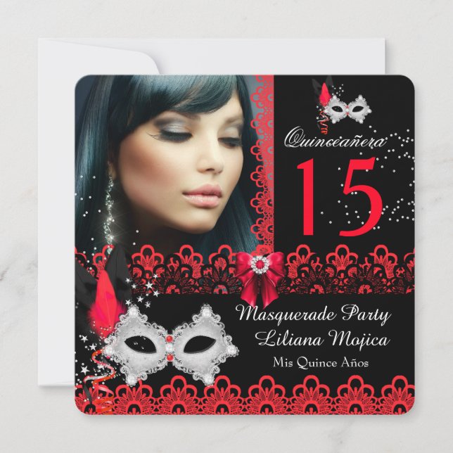 Invitation Dentelle rouge Masquerade Quinceanera (Devant)