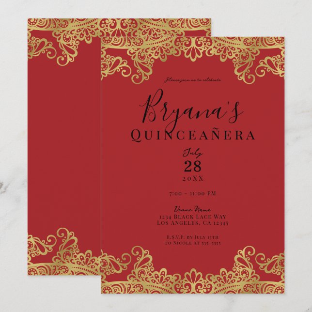 Invitation Dentelle rouge & or Elégante Quinceañera Party (Devant / Derrière)