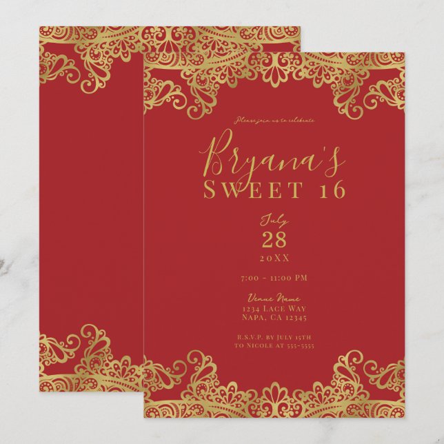 Invitation Dentelle rouge & or élégante Sweet 16 Party (Devant / Derrière)