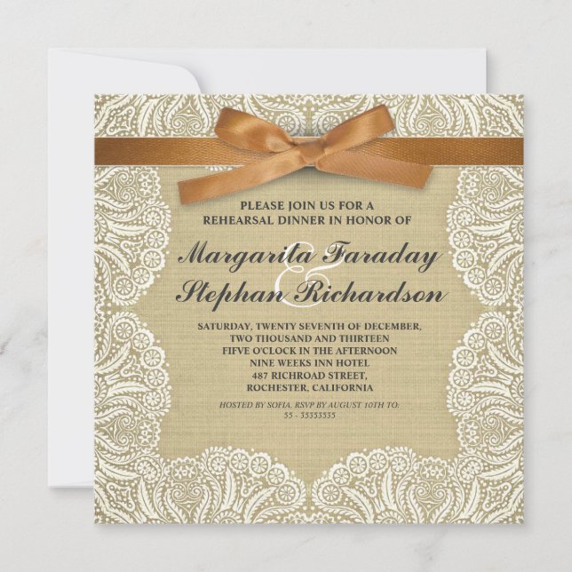 Invitation dentelle ruban & burlap répétition rustique dîner (Devant)