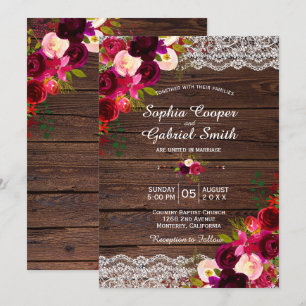 Invitation Dentelle Rustique Bourgogne Florale Mariage camp