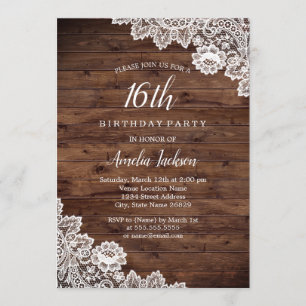 Invitation Dentelle rustique en bois 16e anniversaire Invitat